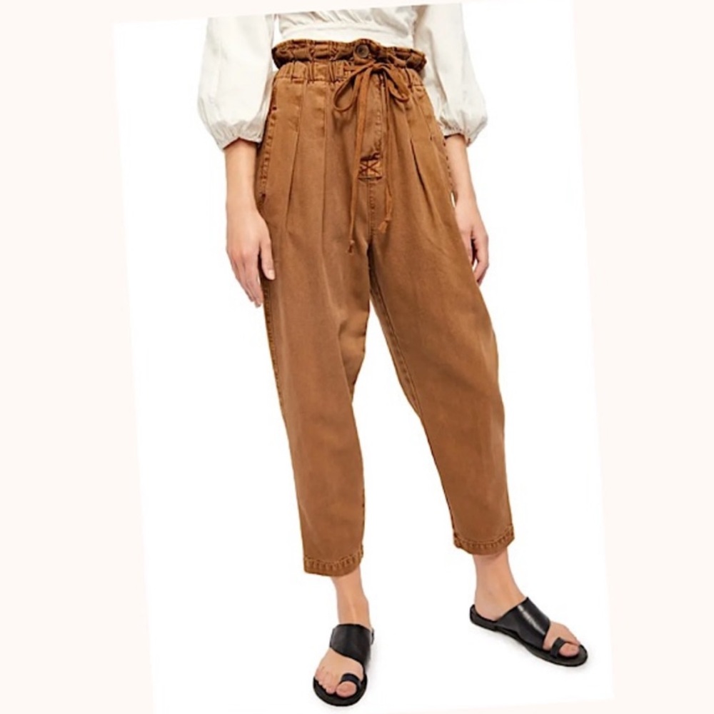 FREE PEOPLE Margate Pleated Trouser Brown Paper bag Pants Womens Size La…
